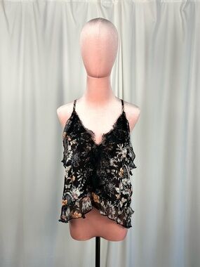 Free People Black Floral Lace Ruffle Cami Top Size Medium Boho